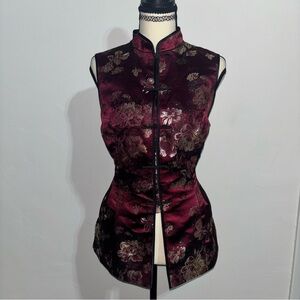 Robbie Bee Burgundy Brocade Mandarin Collar Top Size 10